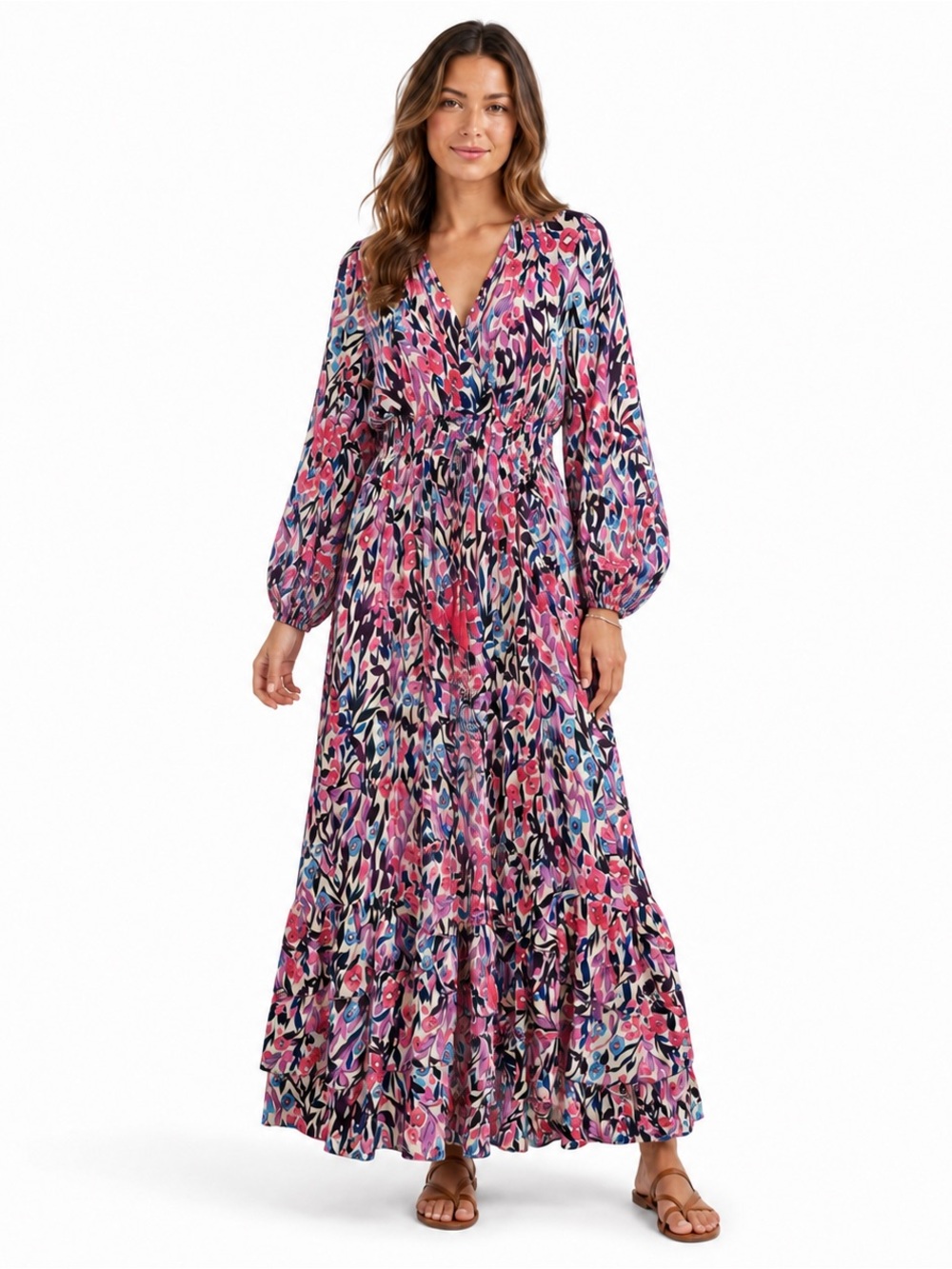 RAGA Floral Tiered Maxi Dress L Boho Balloon Sleeve Smocked Waist